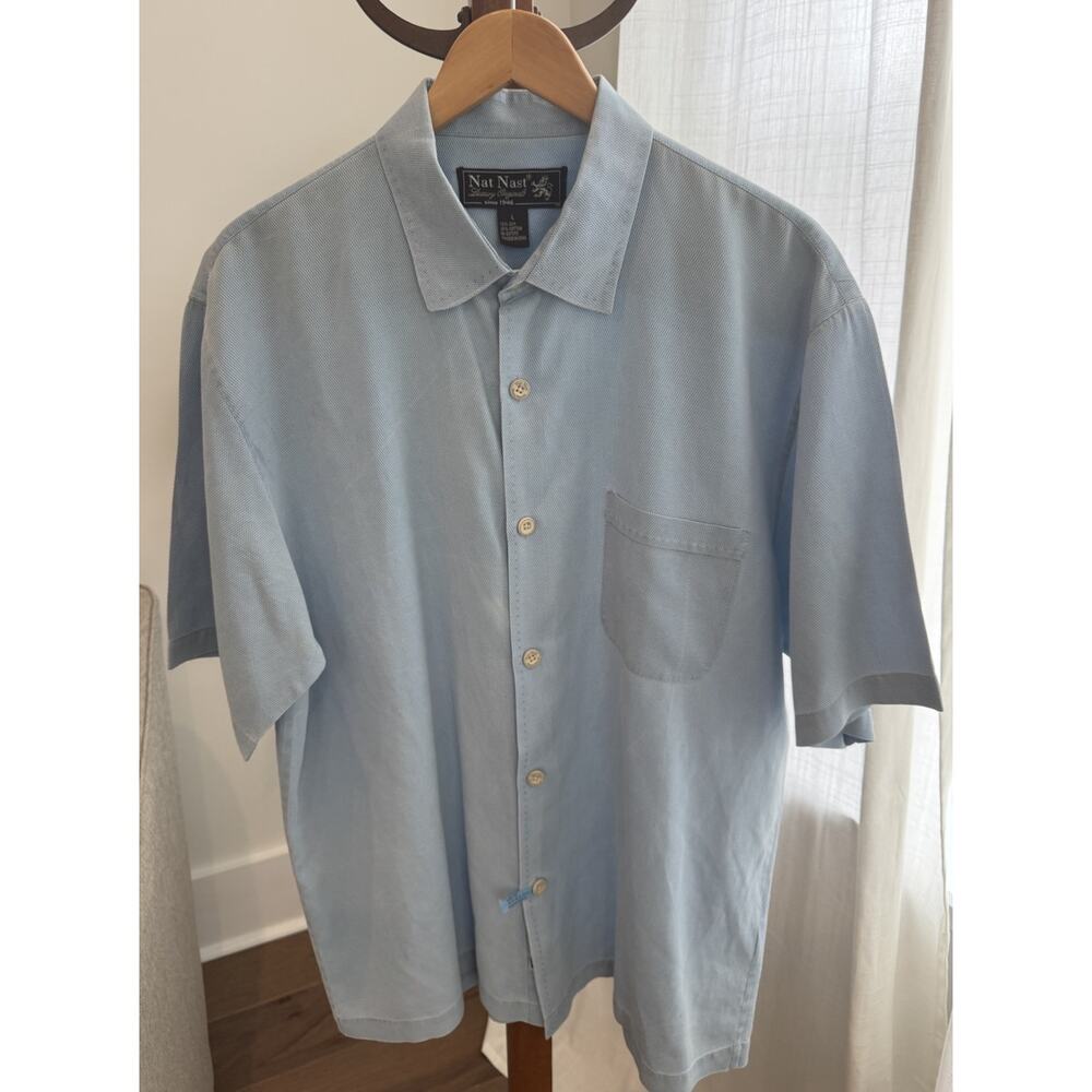 NAT NAST Silk Blend Short Sleeve Button Front Shirt Size Large Luxury Sea Blue